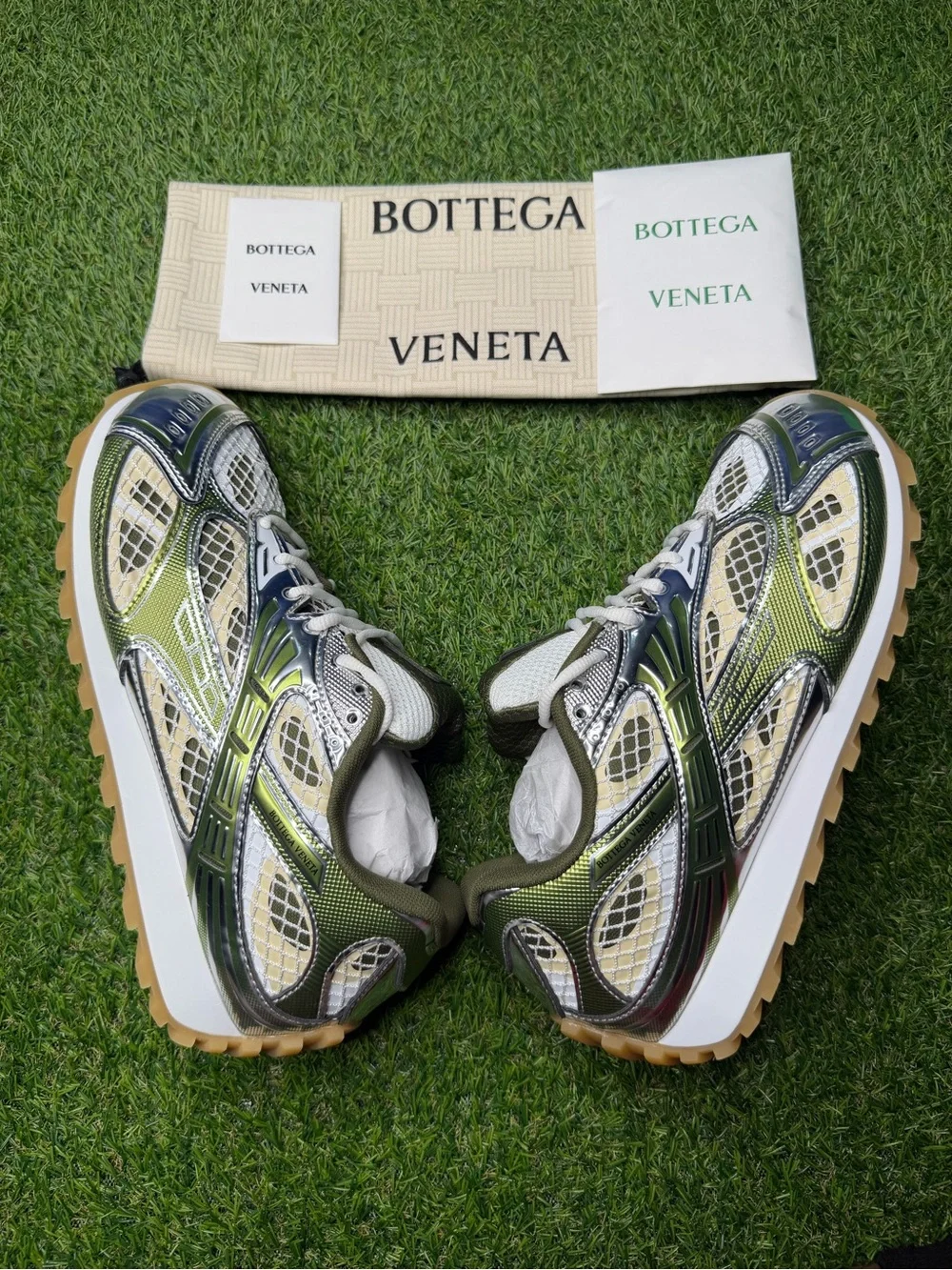 Bottega Veneta Olive Green and Silver Mesh Runner Sneakers